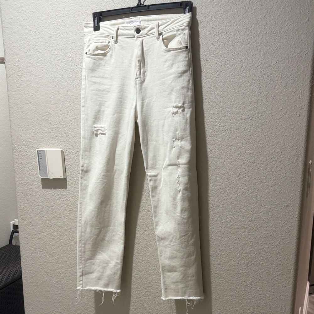 Carly Jean Los Angeles Off-White Chrissy Straight Leg Distressed Jeans